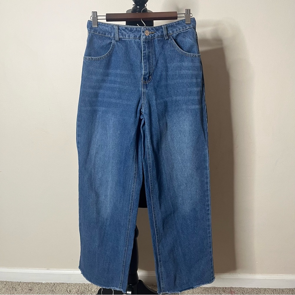Alexander Wang Women’s High Rise Wide Leg Raw Hem‎ 4 Pocket Blue Jeans Sz M